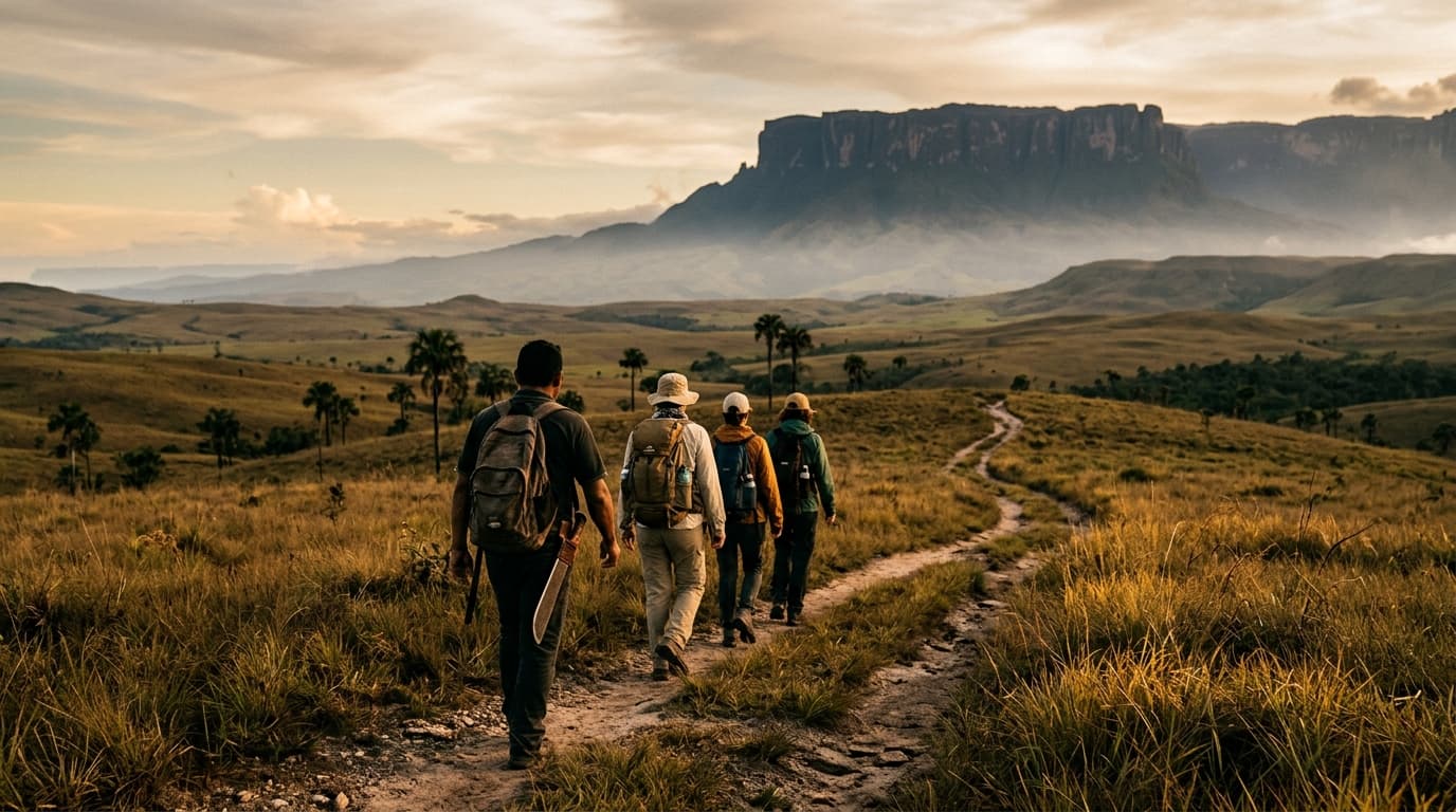 A Pemón guide leading a small group across the Gran Sabana toward Roraima tepui